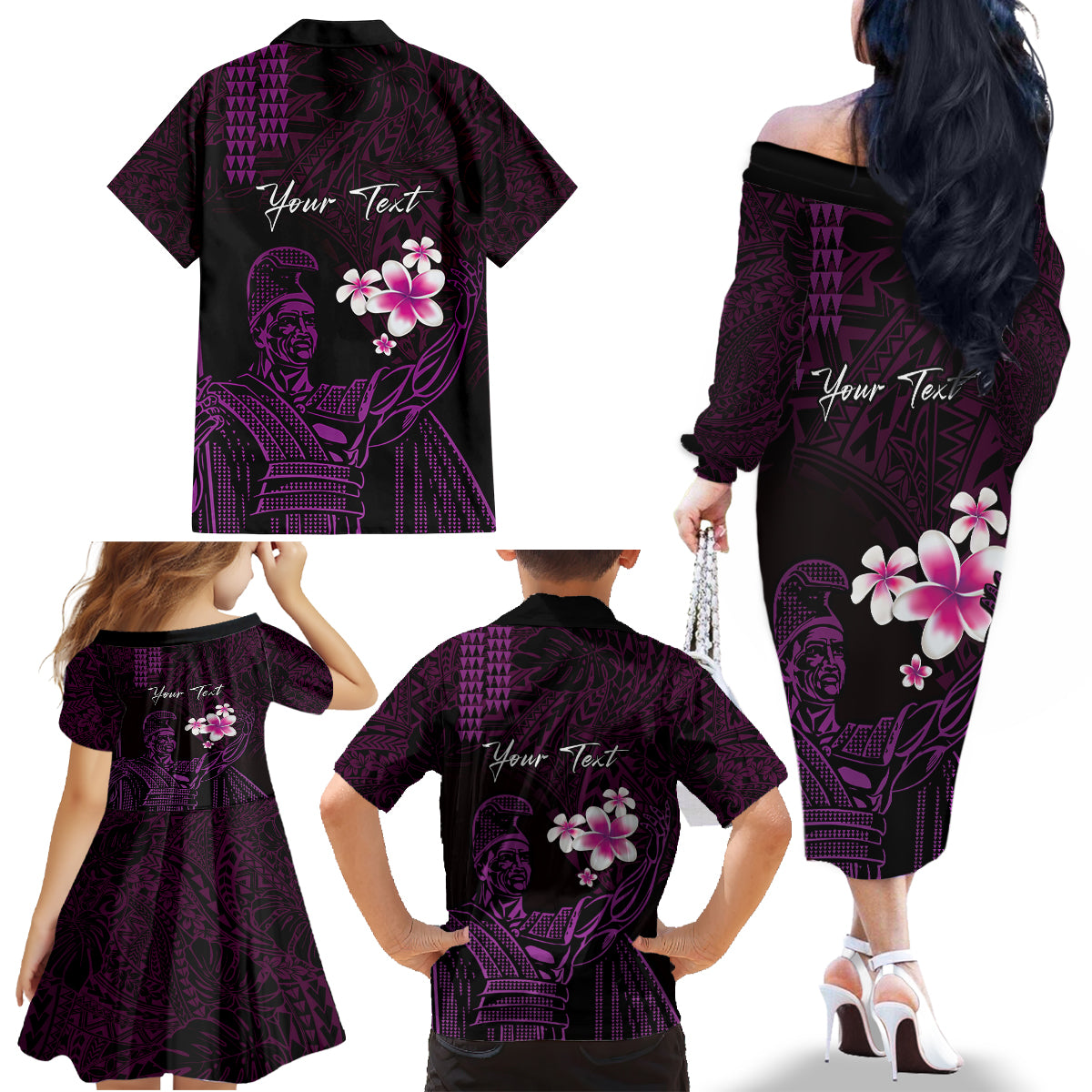 Personalised Hawaii King Kamehameha Day Family Matching Off The Shoulder Long Sleeve Dress and Hawaiian Shirt Plumeria With Kakau Pattern - Purple LT14 - Polynesian Pride