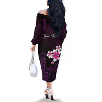 Personalised Hawaii King Kamehameha Day Family Matching Off The Shoulder Long Sleeve Dress and Hawaiian Shirt Plumeria With Kakau Pattern - Purple LT14 - Polynesian Pride