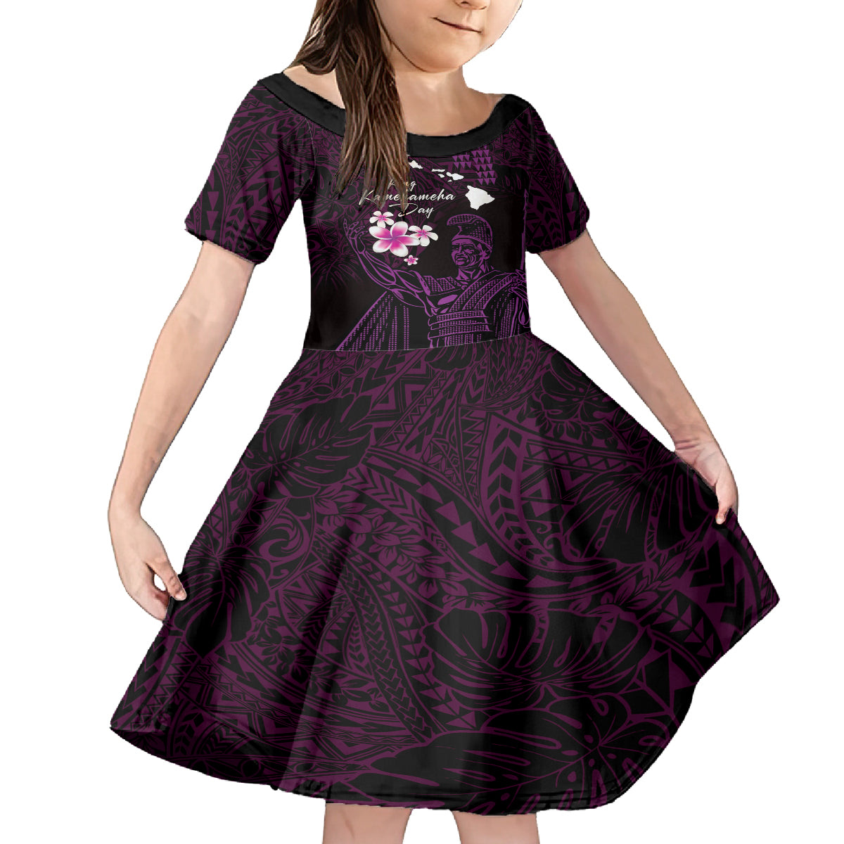 Personalised Hawaii King Kamehameha Day Family Matching Off Shoulder Maxi Dress and Hawaiian Shirt Plumeria With Kakau Pattern - Purple LT14 Daughter's Dress Purple - Polynesian Pride