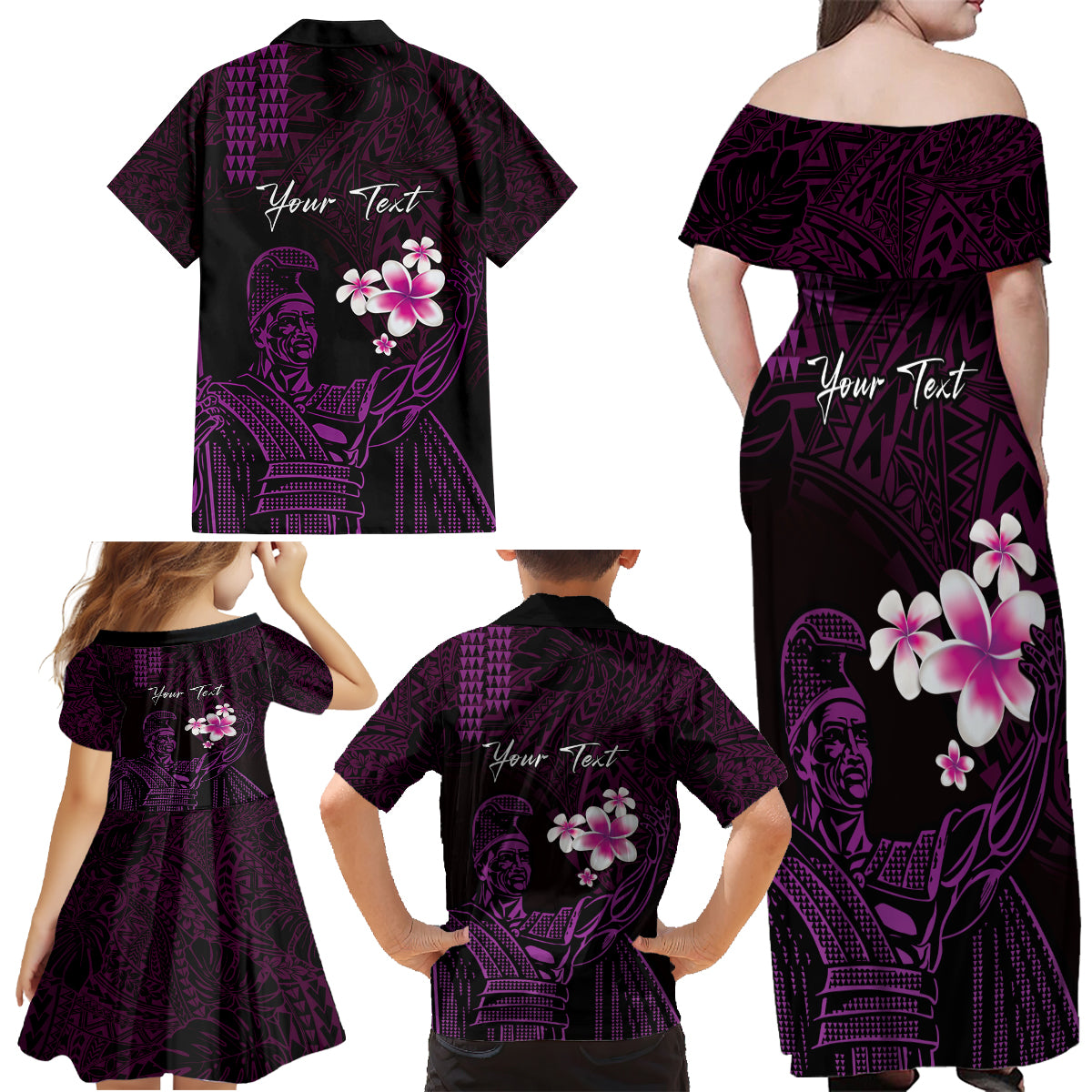 Personalised Hawaii King Kamehameha Day Family Matching Off Shoulder Maxi Dress and Hawaiian Shirt Plumeria With Kakau Pattern - Purple LT14 - Polynesian Pride