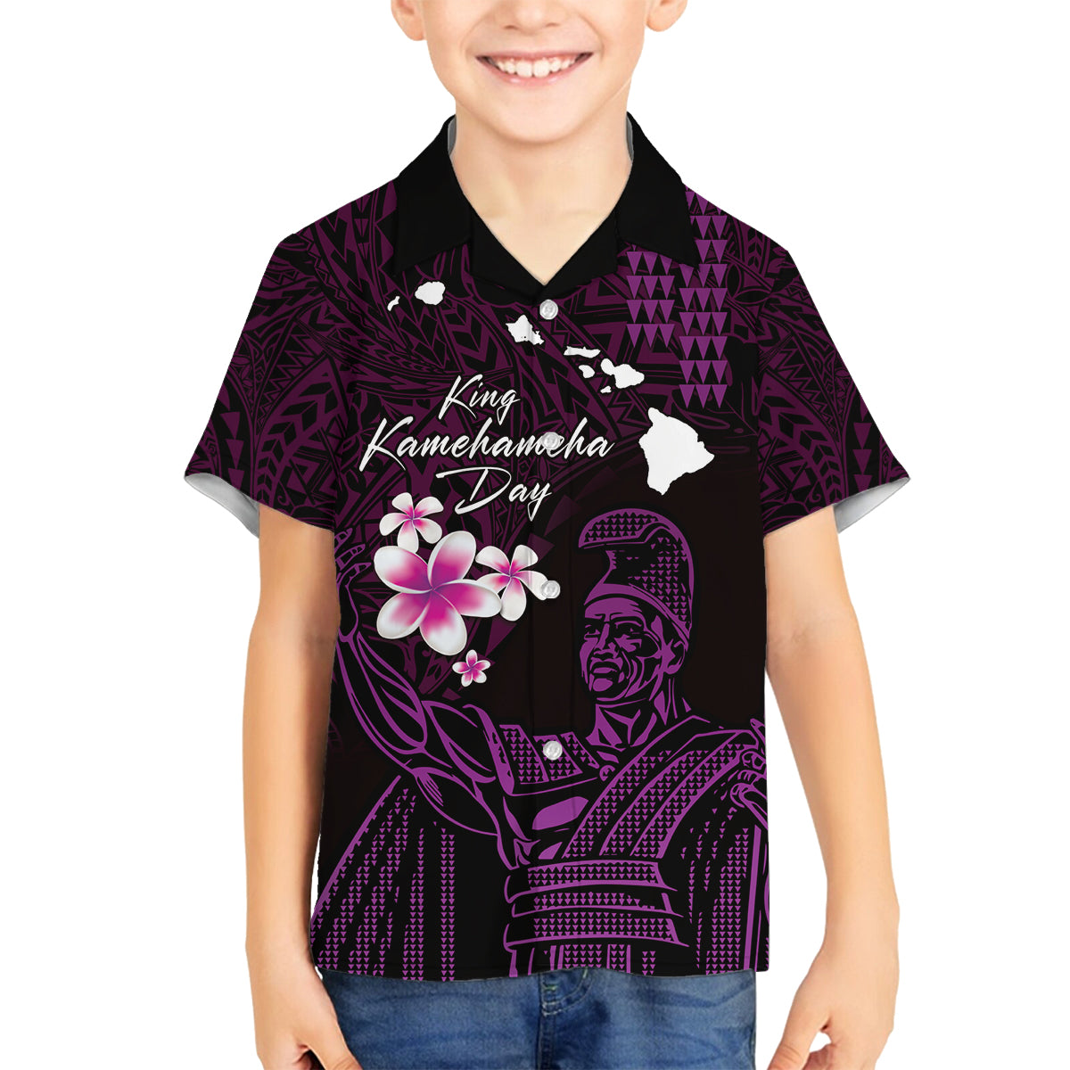 Personalised Hawaii King Kamehameha Day Family Matching Off Shoulder Maxi Dress and Hawaiian Shirt Plumeria With Kakau Pattern - Purple LT14 Son's Shirt Purple - Polynesian Pride