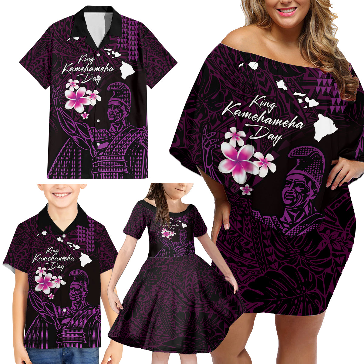 Personalised Hawaii King Kamehameha Day Family Matching Off Shoulder Short Dress and Hawaiian Shirt Plumeria With Kakau Pattern - Purple LT14 - Polynesian Pride