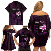 Personalised Hawaii King Kamehameha Day Family Matching Off Shoulder Short Dress and Hawaiian Shirt Plumeria With Kakau Pattern - Purple LT14 - Polynesian Pride