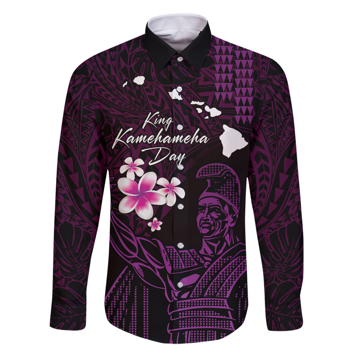 Personalised Hawaii King Kamehameha Day Family Matching Off Shoulder Short Dress and Hawaiian Shirt Plumeria With Kakau Pattern - Purple LT14 Dad's Shirt - Long Sleeve Purple - Polynesian Pride