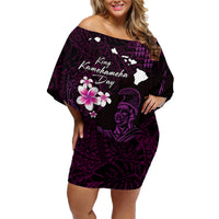 Personalised Hawaii King Kamehameha Day Family Matching Off Shoulder Short Dress and Hawaiian Shirt Plumeria With Kakau Pattern - Purple LT14 Mom's Dress Purple - Polynesian Pride