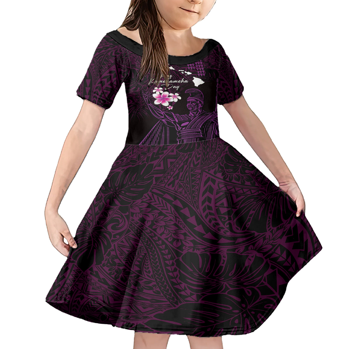 Personalised Hawaii King Kamehameha Day Family Matching Short Sleeve Bodycon Dress and Hawaiian Shirt Plumeria With Kakau Pattern - Purple LT14 Daughter's Dress Purple - Polynesian Pride