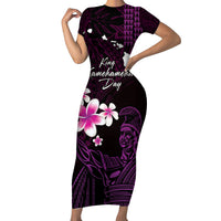 Personalised Hawaii King Kamehameha Day Family Matching Short Sleeve Bodycon Dress and Hawaiian Shirt Plumeria With Kakau Pattern - Purple LT14 Mom's Dress Purple - Polynesian Pride