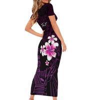 Personalised Hawaii King Kamehameha Day Family Matching Short Sleeve Bodycon Dress and Hawaiian Shirt Plumeria With Kakau Pattern - Purple LT14 - Polynesian Pride