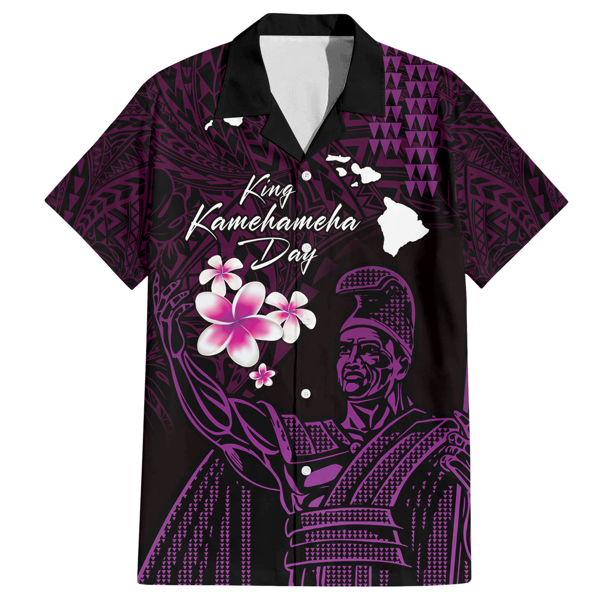 Personalised Hawaii King Kamehameha Day Family Matching Summer Maxi Dress and Hawaiian Shirt Plumeria With Kakau Pattern - Purple LT14 Dad's Shirt - Short Sleeve Purple - Polynesian Pride