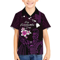 Personalised Hawaii King Kamehameha Day Family Matching Summer Maxi Dress and Hawaiian Shirt Plumeria With Kakau Pattern - Purple LT14 Son's Shirt Purple - Polynesian Pride