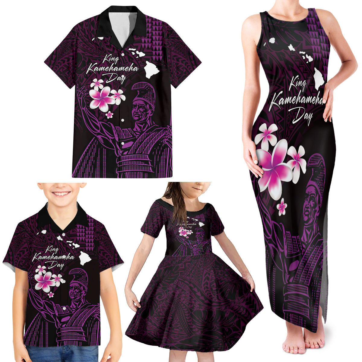 Personalised Hawaii King Kamehameha Day Family Matching Tank Maxi Dress and Hawaiian Shirt Plumeria With Kakau Pattern - Purple LT14 - Polynesian Pride