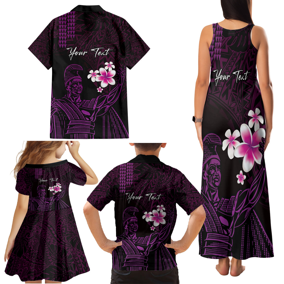 Personalised Hawaii King Kamehameha Day Family Matching Tank Maxi Dress and Hawaiian Shirt Plumeria With Kakau Pattern - Purple LT14 - Polynesian Pride