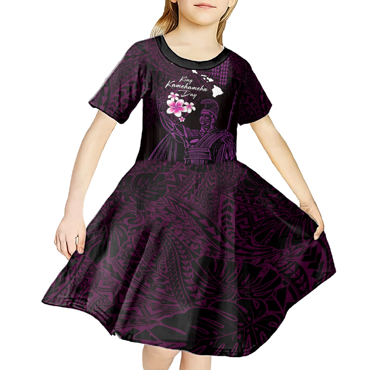 Personalised Hawaii King Kamehameha Day Kid Short Sleeve Dress Plumeria With Kakau Pattern - Purple LT14 - Polynesian Pride