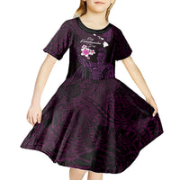 Personalised Hawaii King Kamehameha Day Kid Short Sleeve Dress Plumeria With Kakau Pattern - Purple LT14 - Polynesian Pride