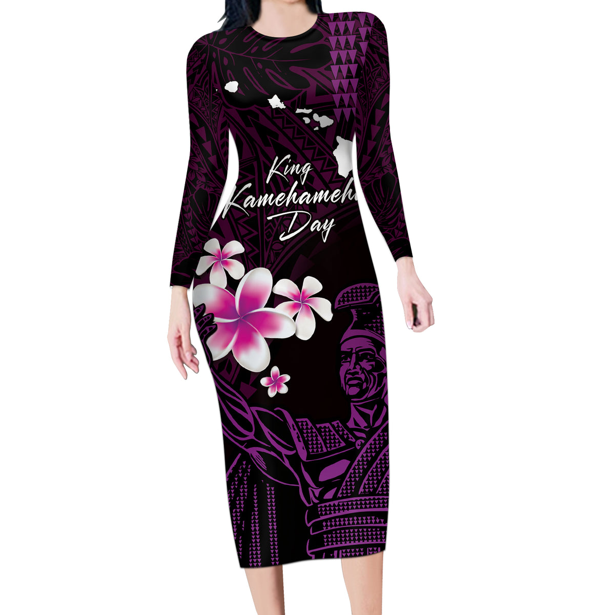 Personalised Hawaii King Kamehameha Day Long Sleeve Bodycon Dress Plumeria With Kakau Pattern - Purple LT14 Long Dress Purple - Polynesian Pride