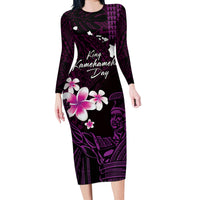 Personalised Hawaii King Kamehameha Day Long Sleeve Bodycon Dress Plumeria With Kakau Pattern - Purple LT14 Long Dress Purple - Polynesian Pride