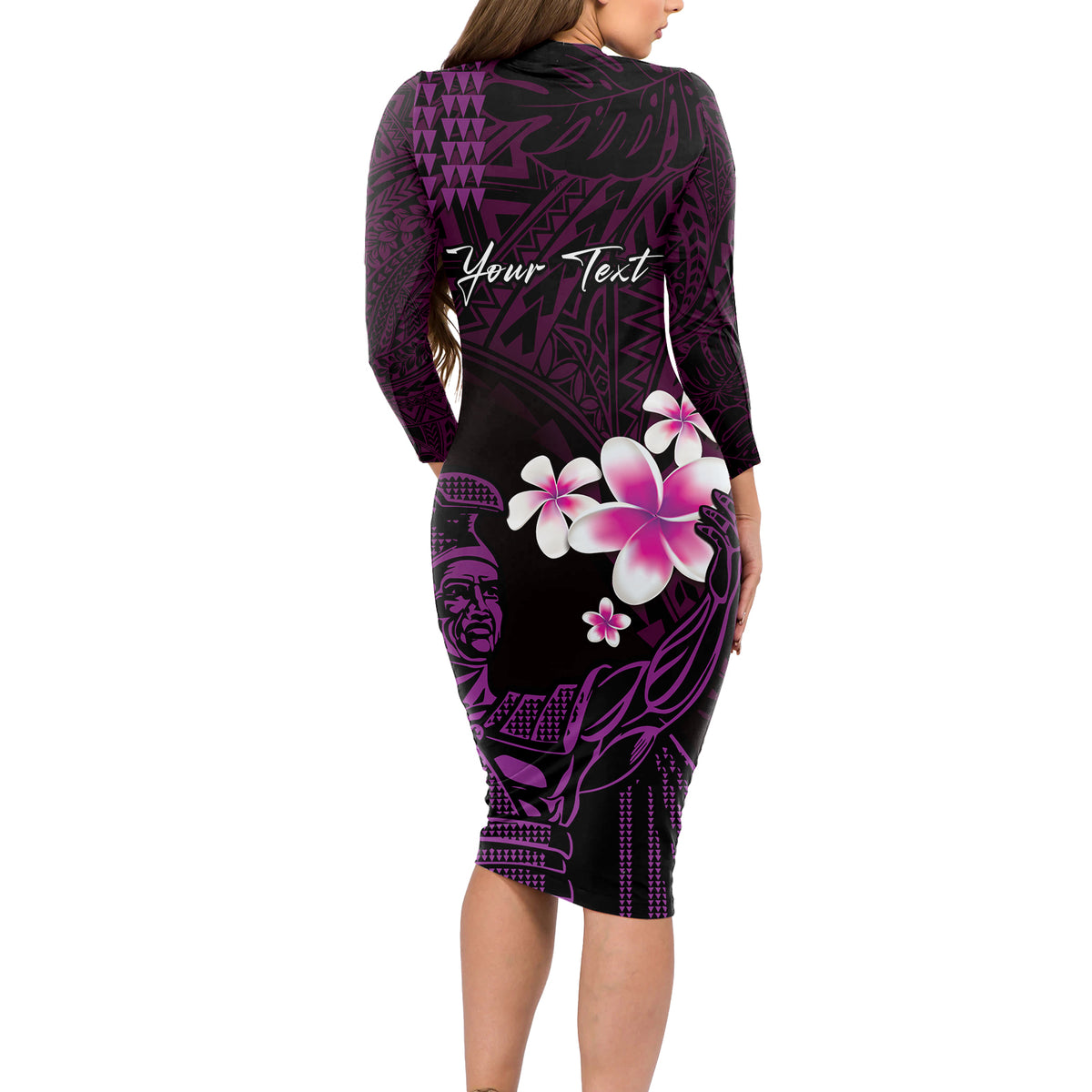 Personalised Hawaii King Kamehameha Day Long Sleeve Bodycon Dress Plumeria With Kakau Pattern - Purple LT14 - Polynesian Pride