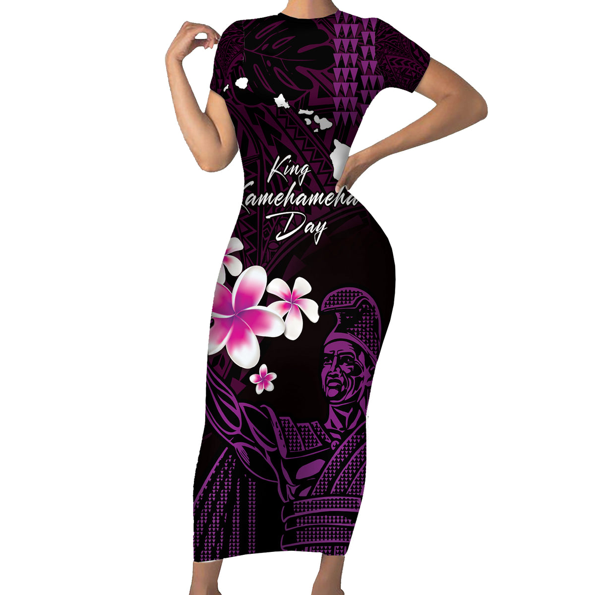 Personalised Hawaii King Kamehameha Day Short Sleeve Bodycon Dress Plumeria With Kakau Pattern - Purple LT14 Long Dress Purple - Polynesian Pride