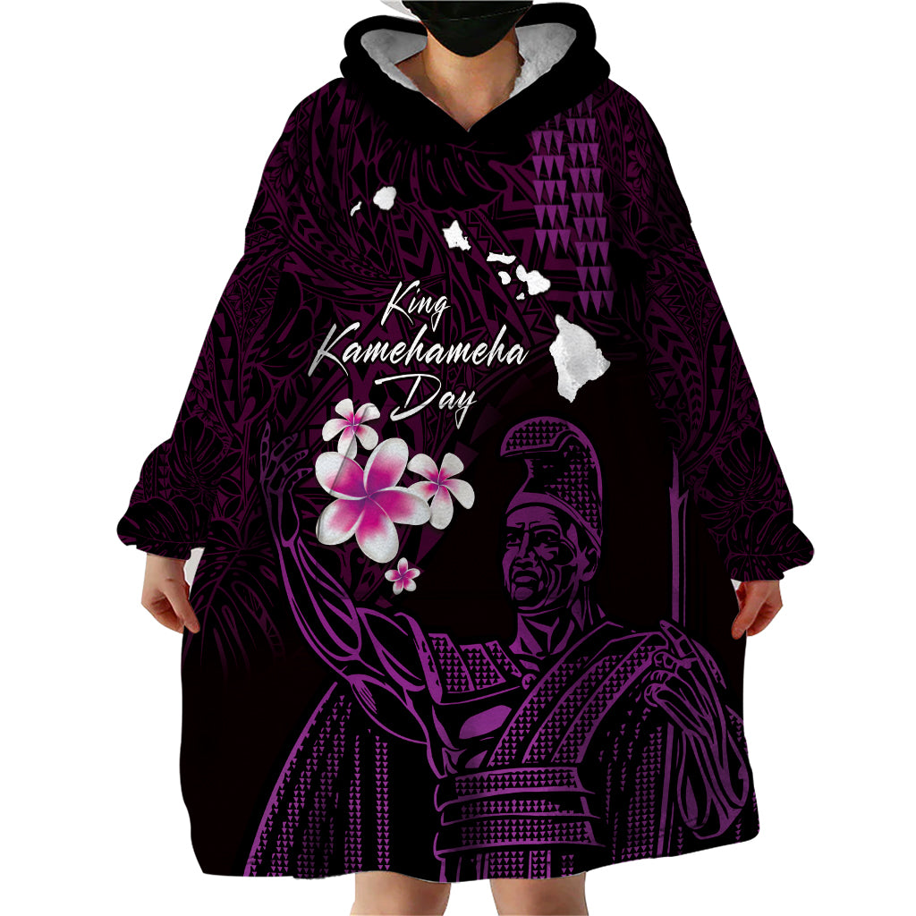 Personalised Hawaii King Kamehameha Day Wearable Blanket Hoodie Plumeria With Kakau Pattern - Purple LT14 - Polynesian Pride