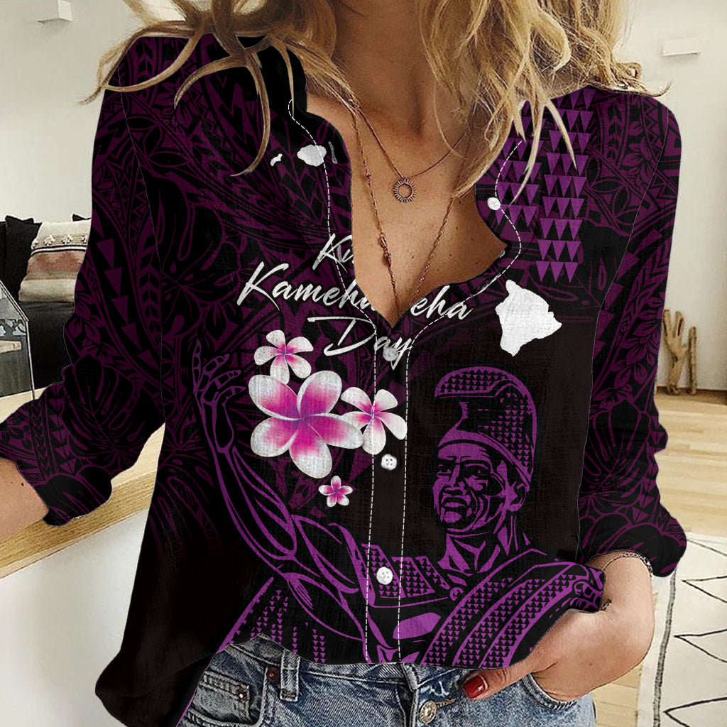 Personalised Hawaii King Kamehameha Day Women Casual Shirt Plumeria With Kakau Pattern - Purple LT14 Female Purple - Polynesian Pride