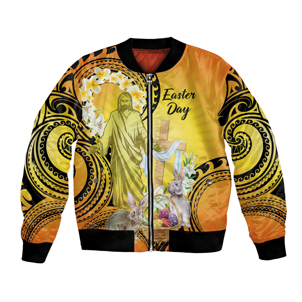 Polynesia Easter Day Bomber Jacket He Is Risen Lilium Longiflorum Polynesian Pattern LT14 Unisex Gold - Polynesian Pride