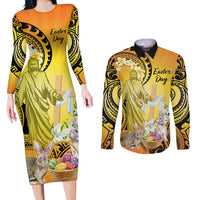 Polynesia Easter Day Couples Matching Long Sleeve Bodycon Dress and Long Sleeve Button Shirt He Is Risen Lilium Longiflorum Polynesian Pattern