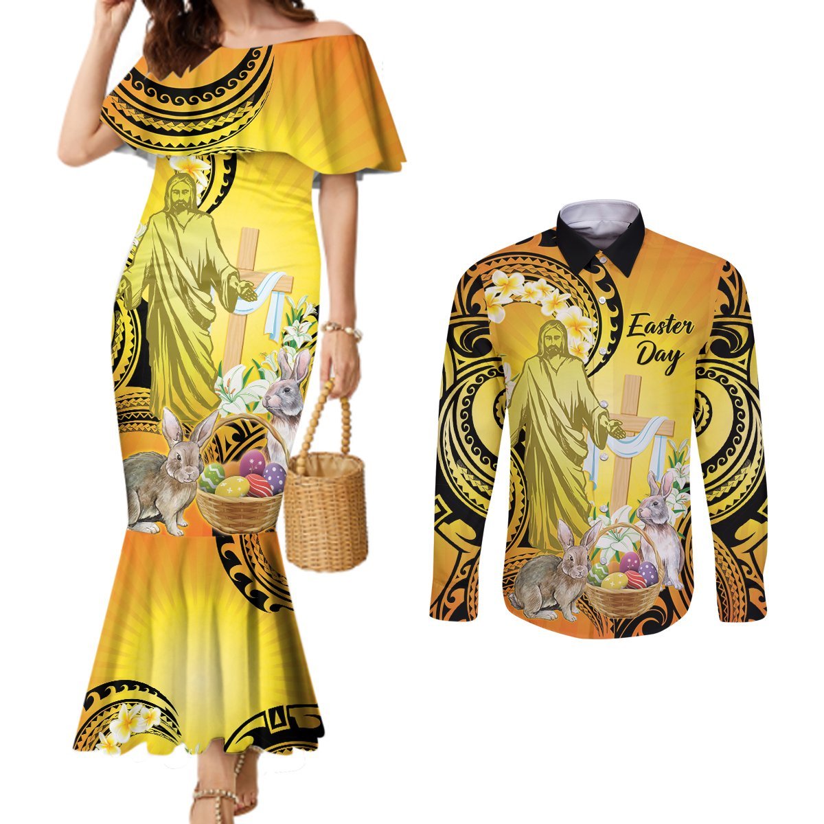 Polynesia Easter Day Couples Matching Mermaid Dress and Long Sleeve Button Shirt He Is Risen Lilium Longiflorum Polynesian Pattern LT14 Gold - Polynesian Pride