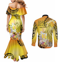 Polynesia Easter Day Couples Matching Mermaid Dress and Long Sleeve Button Shirt He Is Risen Lilium Longiflorum Polynesian Pattern LT14 - Polynesian Pride