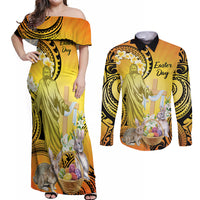 Polynesia Easter Day Couples Matching Off Shoulder Maxi Dress and Long Sleeve Button Shirt He Is Risen Lilium Longiflorum Polynesian Pattern
