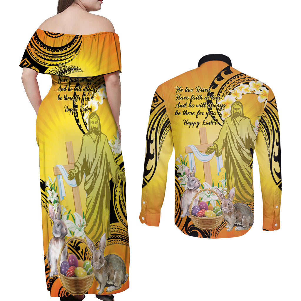 Polynesia Easter Day Couples Matching Off Shoulder Maxi Dress and Long Sleeve Button Shirt He Is Risen Lilium Longiflorum Polynesian Pattern