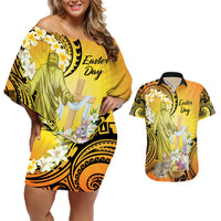 Polynesia Easter Day Couples Matching Off Shoulder Short Dress and Hawaiian Shirt He Is Risen Lilium Longiflorum Polynesian Pattern