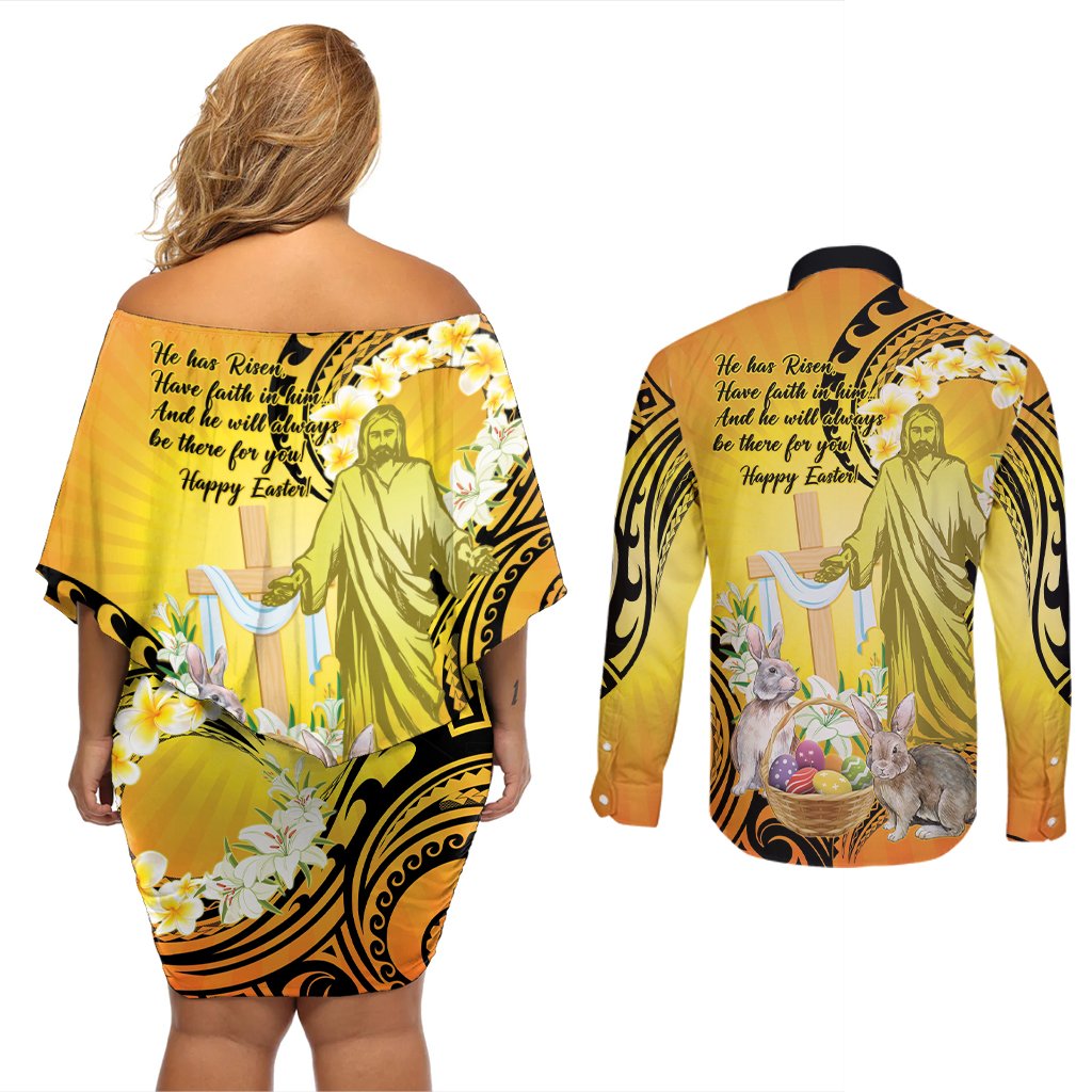 Polynesia Easter Day Couples Matching Off Shoulder Short Dress and Long Sleeve Button Shirt He Is Risen Lilium Longiflorum Polynesian Pattern