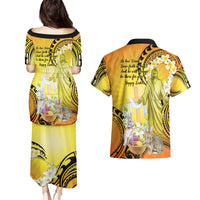 Polynesia Easter Day Couples Matching Puletasi and Hawaiian Shirt He Is Risen Lilium Longiflorum Polynesian Pattern