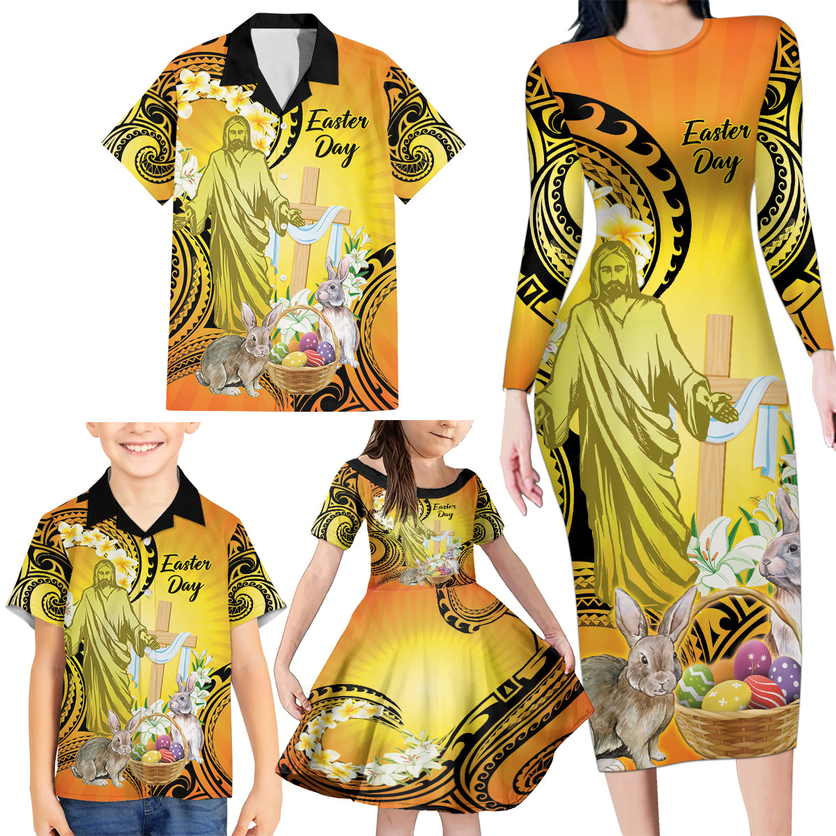 Polynesia Easter Day Family Matching Long Sleeve Bodycon Dress and Hawaiian Shirt He Is Risen Lilium Longiflorum Polynesian Pattern LT14 - Polynesian Pride