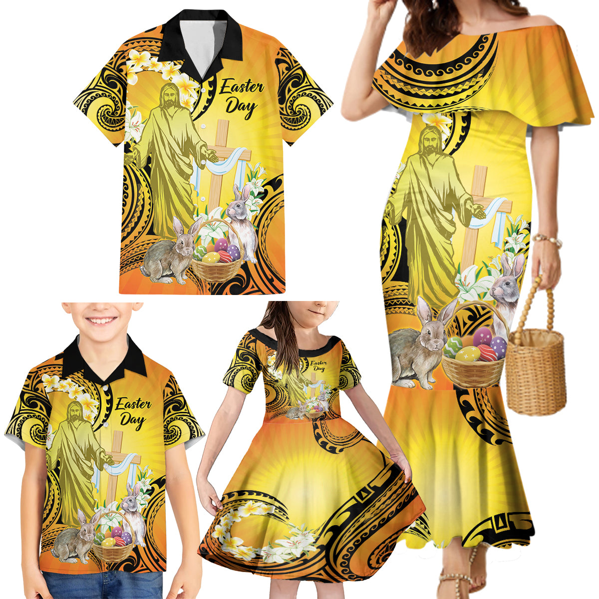 Polynesia Easter Day Family Matching Mermaid Dress and Hawaiian Shirt He Is Risen Lilium Longiflorum Polynesian Pattern LT14 - Polynesian Pride