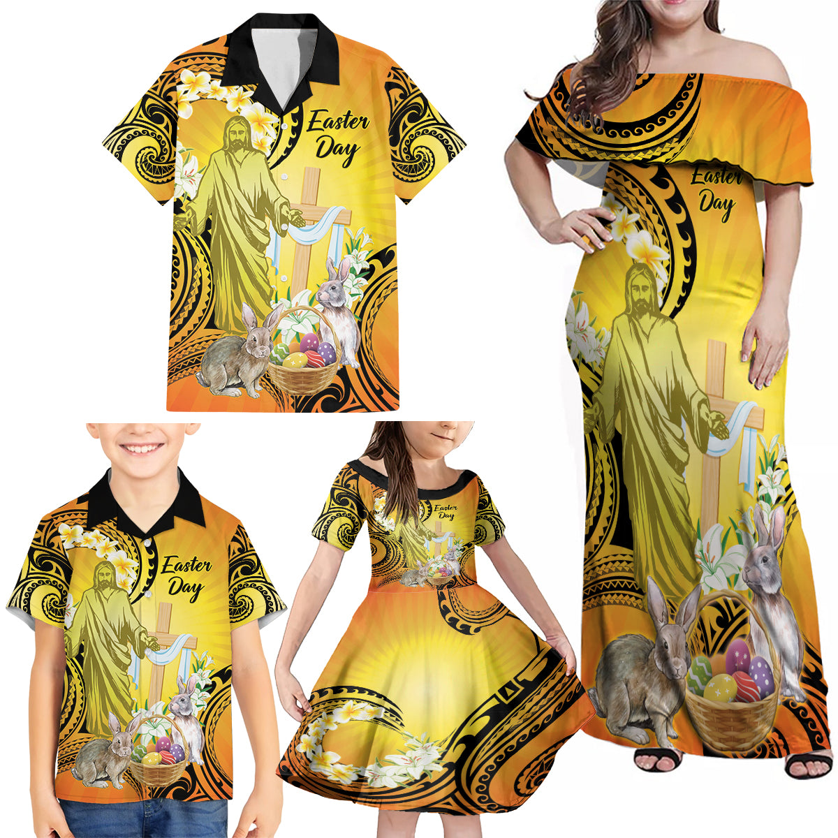 Polynesia Easter Day Family Matching Off Shoulder Maxi Dress and Hawaiian Shirt He Is Risen Lilium Longiflorum Polynesian Pattern LT14 - Polynesian Pride