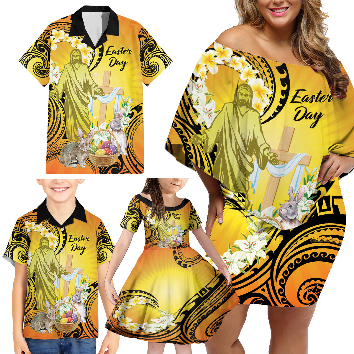 Polynesia Easter Day Family Matching Off Shoulder Short Dress and Hawaiian Shirt He Is Risen Lilium Longiflorum Polynesian Pattern LT14 - Polynesian Pride