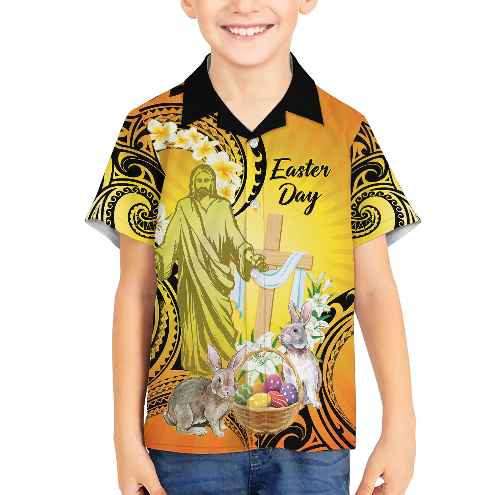 Polynesia Easter Day Kid Hawaiian Shirt He Is Risen Lilium Longiflorum Polynesian Pattern LT14 Kid Gold - Polynesian Pride