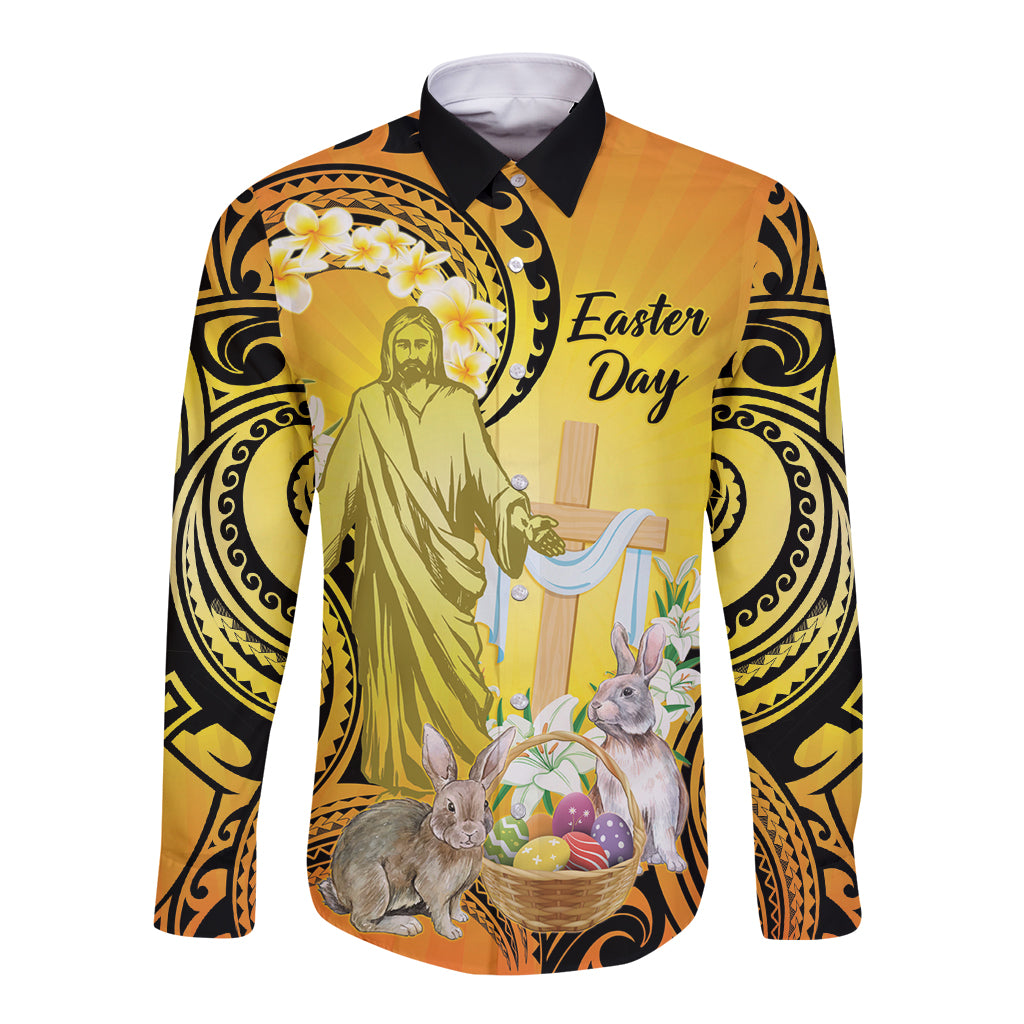Polynesia Easter Day Long Sleeve Button Shirt He Is Risen Lilium Longiflorum Polynesian Pattern LT14 Unisex Gold - Polynesian Pride