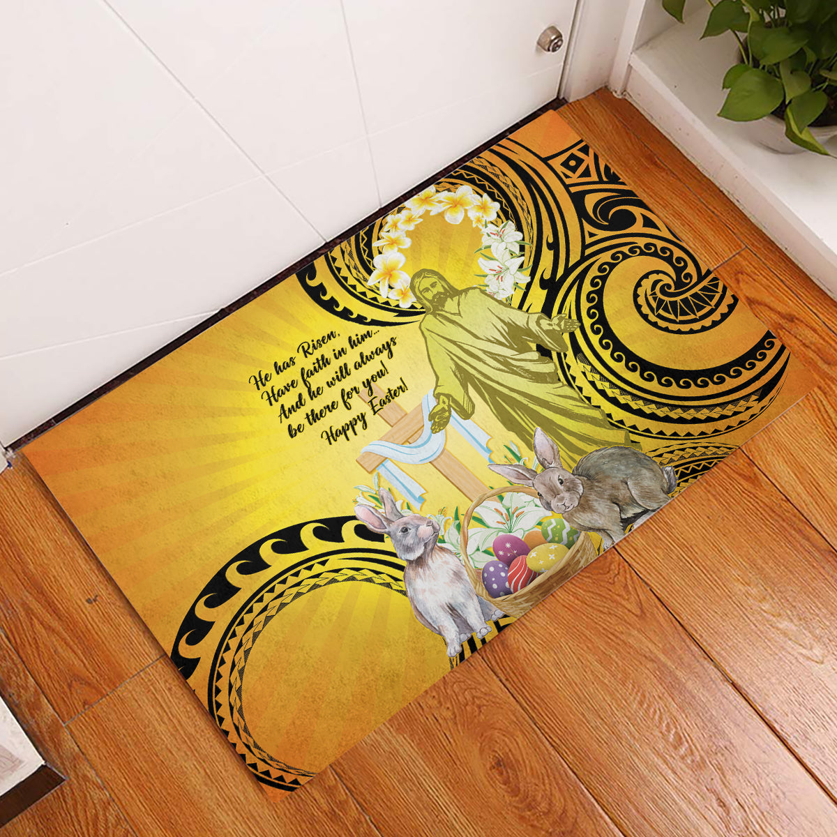 Polynesia Easter Day Rubber Doormat He Is Risen Lilium Longiflorum Polynesian Pattern