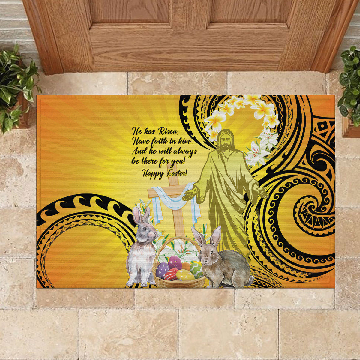 Polynesia Easter Day Rubber Doormat He Is Risen Lilium Longiflorum Polynesian Pattern