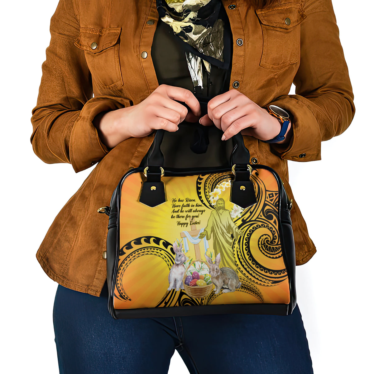 Polynesia Easter Day Shoulder Handbag He Is Risen Lilium Longiflorum Polynesian Pattern