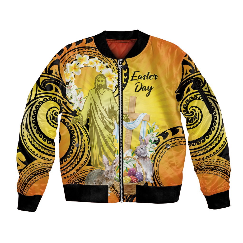 Polynesia Easter Day Sleeve Zip Bomber Jacket He Is Risen Lilium Longiflorum Polynesian Pattern LT14 Unisex Gold - Polynesian Pride