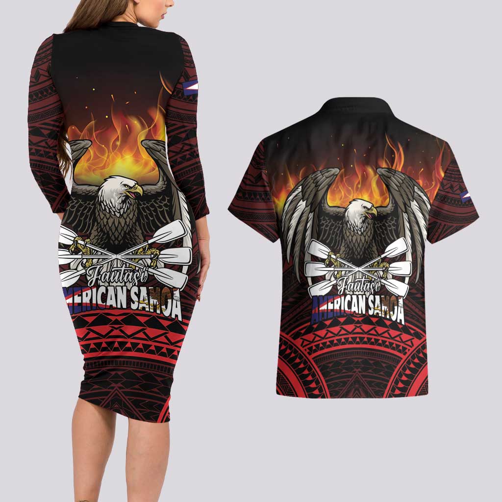 Fautasi Race Day American Samoa Couples Matching Long Sleeve Bodycon Dress and Hawaiian Shirt Bald Eagle Polynesian Tattoo LT14 - Polynesian Pride