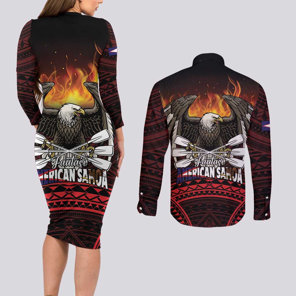 Fautasi Race Day American Samoa Couples Matching Long Sleeve Bodycon Dress and Long Sleeve Button Shirt Bald Eagle Polynesian Tattoo LT14 - Polynesian Pride