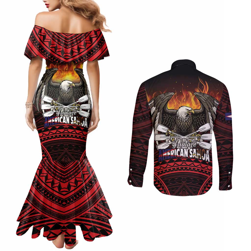 Fautasi Race Day American Samoa Couples Matching Mermaid Dress and Long Sleeve Button Shirt Bald Eagle Polynesian Tattoo