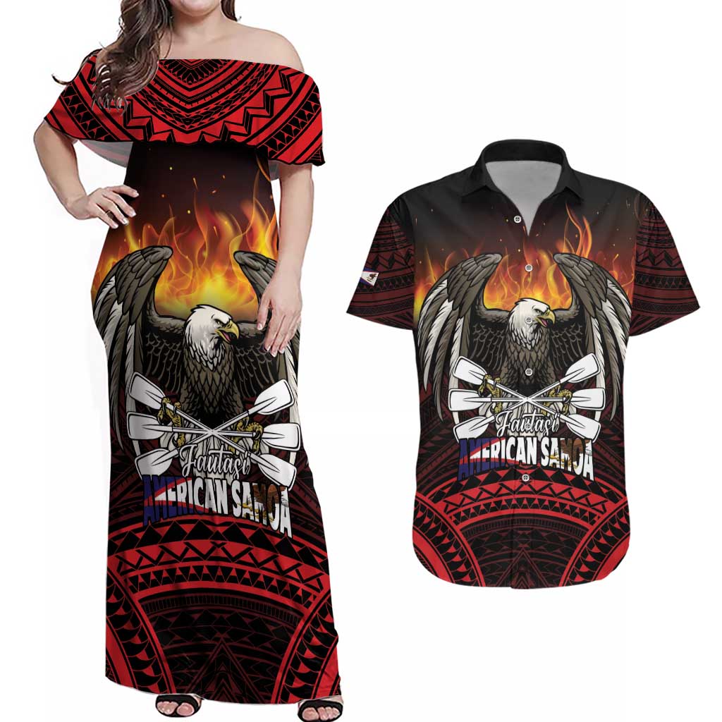 Fautasi Race Day American Samoa Couples Matching Off Shoulder Maxi Dress and Hawaiian Shirt Bald Eagle Polynesian Tattoo