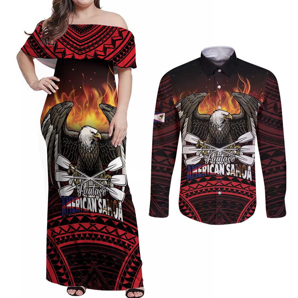 Fautasi Race Day American Samoa Couples Matching Off Shoulder Maxi Dress and Long Sleeve Button Shirt Bald Eagle Polynesian Tattoo