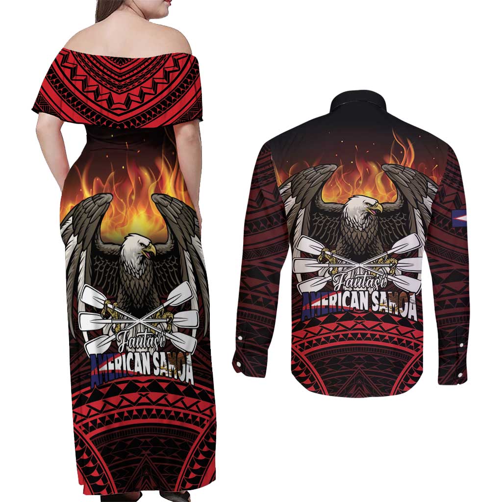 Fautasi Race Day American Samoa Couples Matching Off Shoulder Maxi Dress and Long Sleeve Button Shirt Bald Eagle Polynesian Tattoo