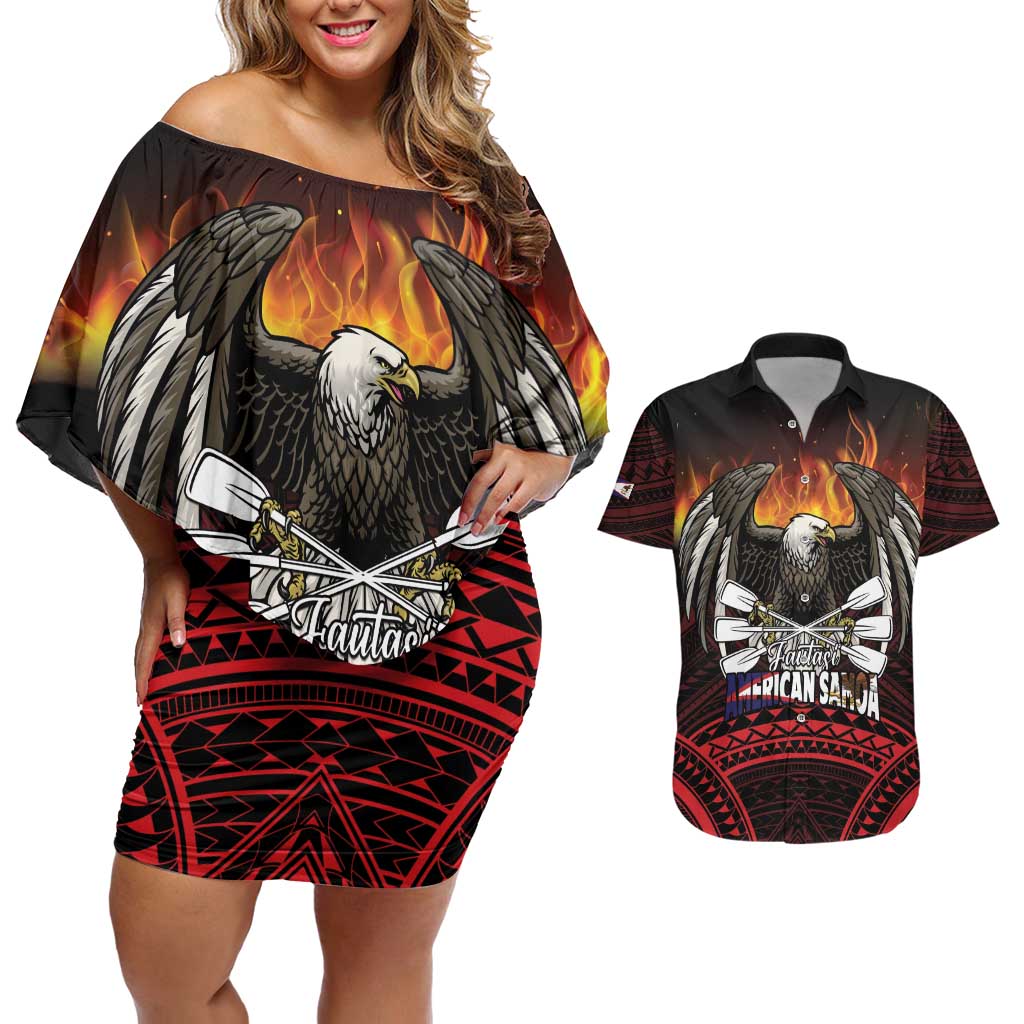 Fautasi Race Day American Samoa Couples Matching Off Shoulder Short Dress and Hawaiian Shirt Bald Eagle Polynesian Tattoo